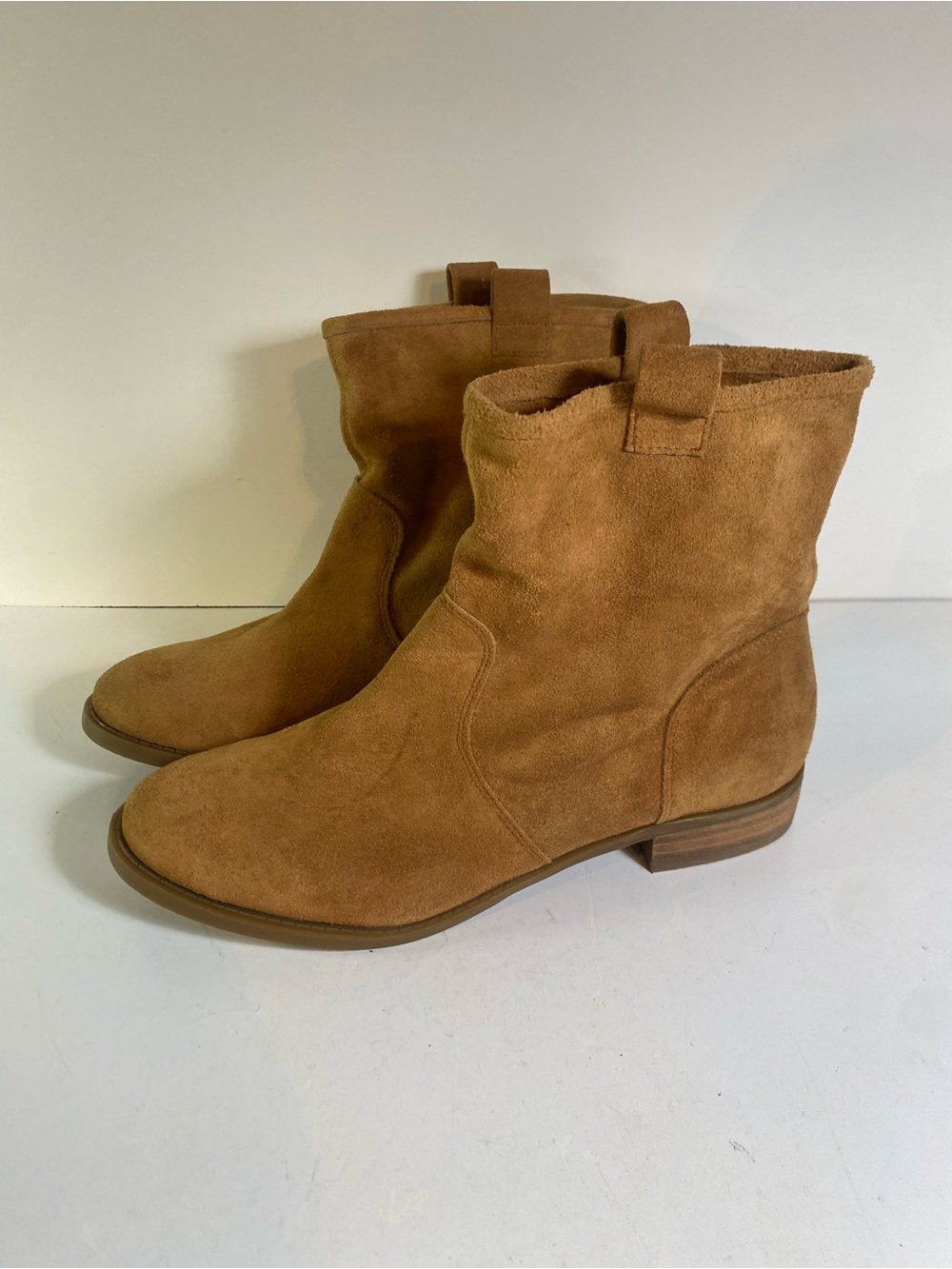 Sole Society Natasha Tan Suede Ankle Boots With Low Stack Heel Size 9.5